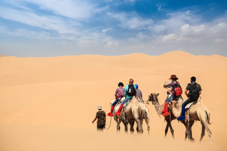 Camel Trekking Morocco - Camel riders in a desert landscape.