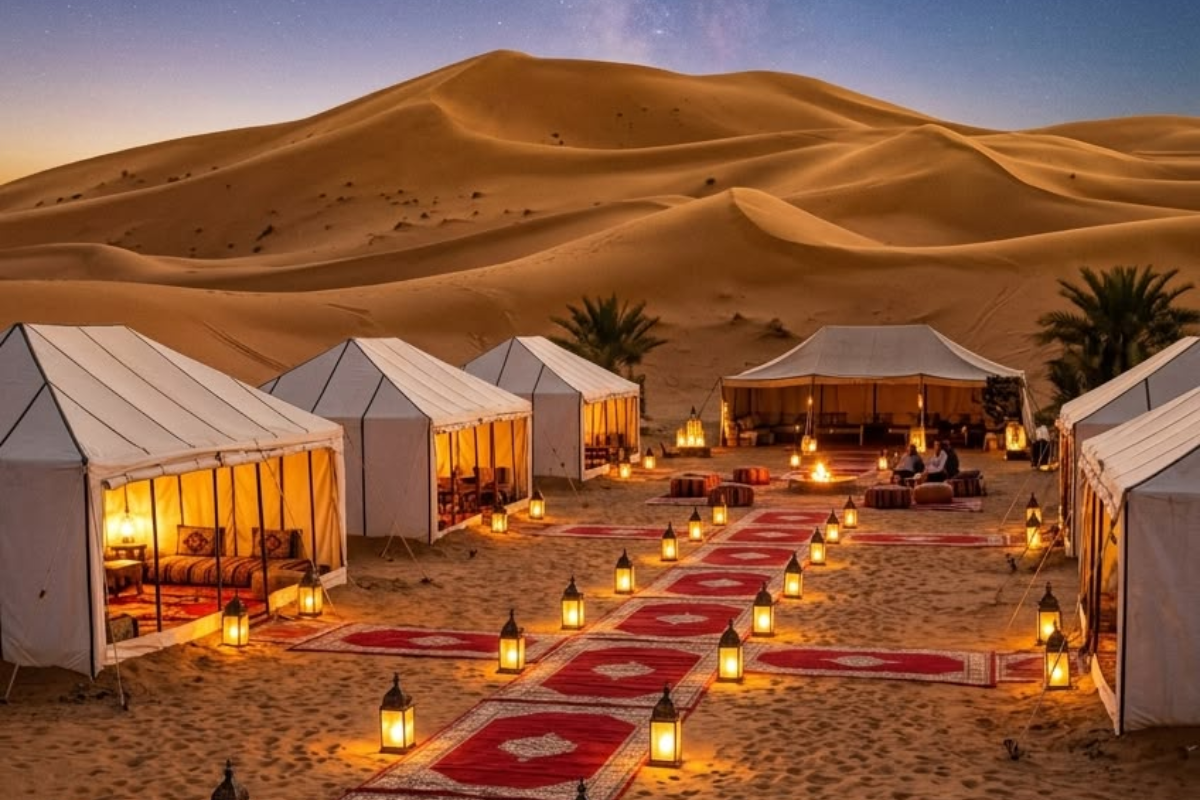 Sahara desert camp traditional tent Morocco campfire